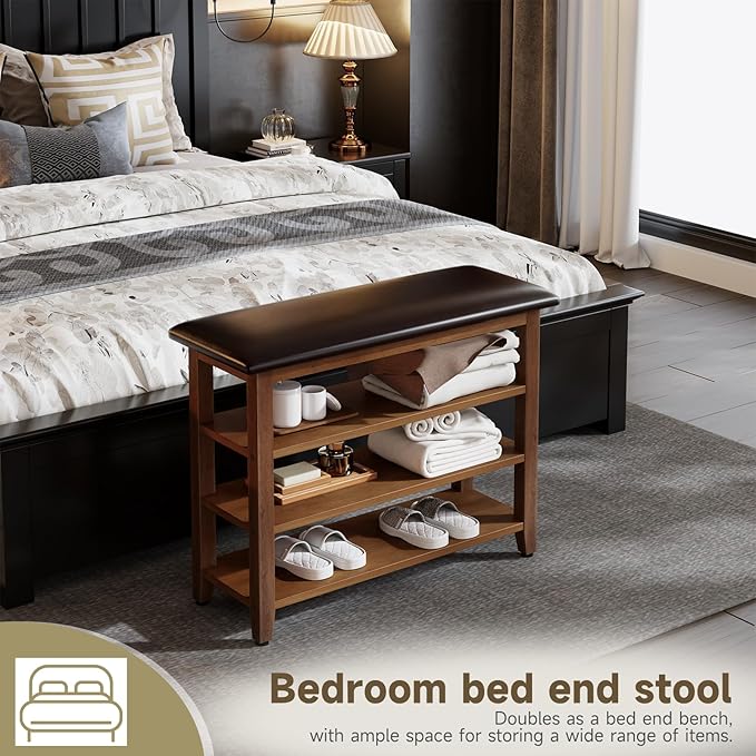 Shoe Bench with Leather Cushion,Wood Bench with Shoe Rack,3-Tier Shoe Storage Organizer for Entryway,Hallway,Living Room (3-Tier-31.5", Rubberwood)