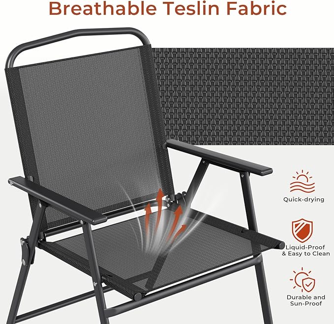 TLSUNNY Patio Folding Chairs Set of 2, Portable Dining Lawn Chairs, Outdoor Folded Furniture W/Breathable Textilene & Steel Frame, Armrests & Crossbar, All Weather for Pool, Camping (2, Black)
