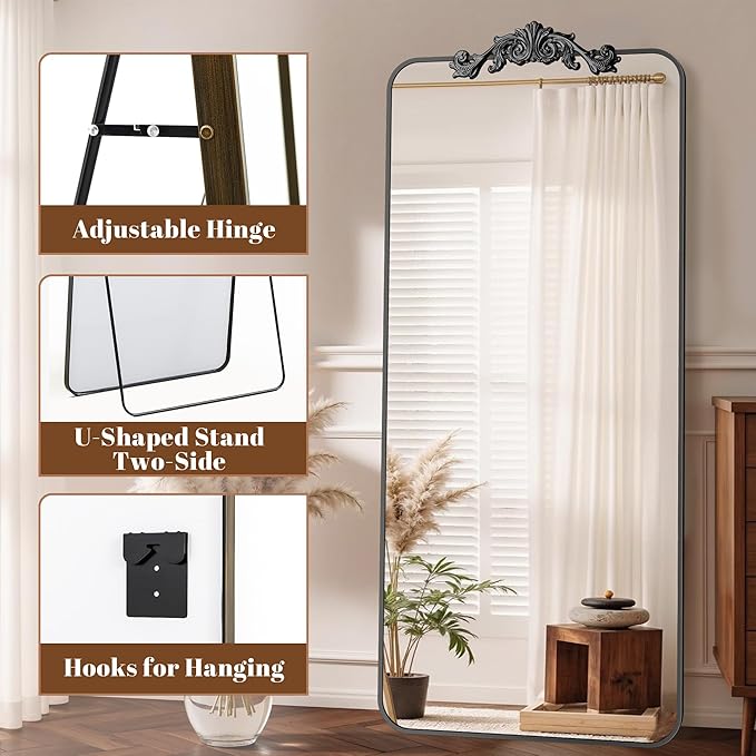 Vintage Full Length Mirror, 71"x32" Floor Mirror with Carved, Full Body Mirrors for Home Decor, Standing/Hanging Large Wall Mirrors for Bedroom/Living Room/Entryway, Black, Retro Style