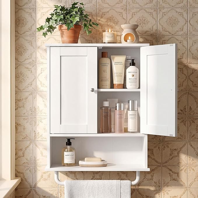 VASAGLE Siren Collection - Hanging Bathroom Cabinet with Towel Rod, Farmhouse Wall Storage Cabinet, with Adjustable Shelf, and Doors, 7.9 x 17.7 x 23.6 Inches, Cloud White UBBK148WB01S
