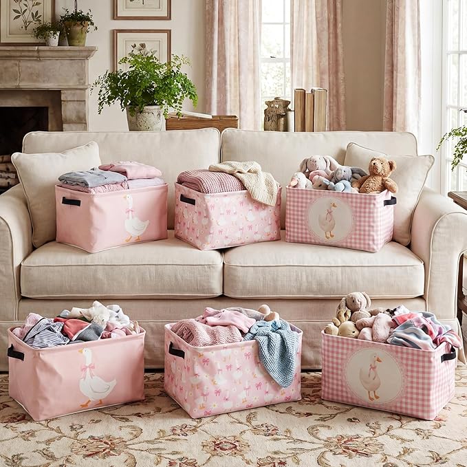 CHENGU 6 Pack Pink Silly Goose Storage Bin Cute Collapsible Storage Basket for Girl Large Foldable Laundry Box with Handle Decorative Clothing Basket for Girl Nursery Bedroom Home Baby Shower Birthday