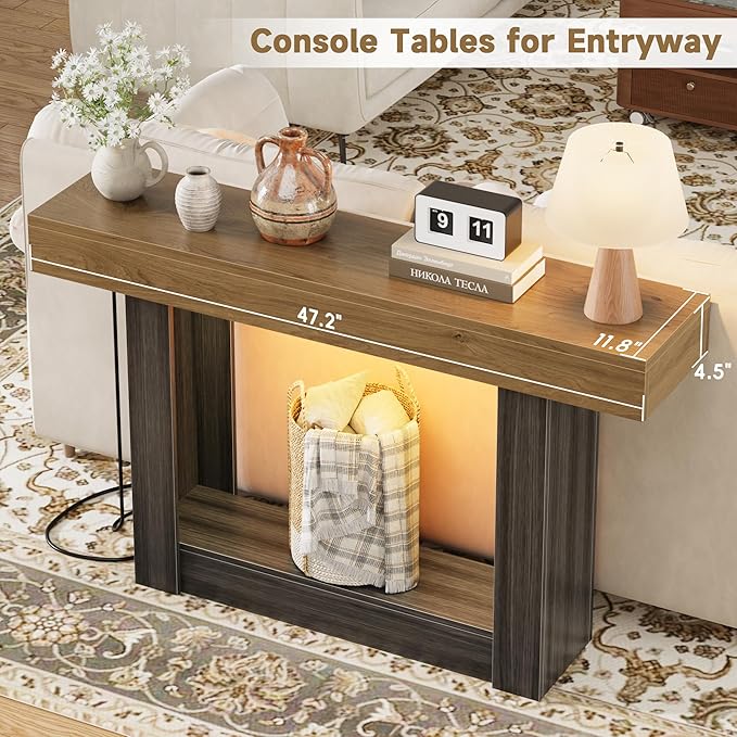LIFECHOVY 47.2" Farmhouse Wood Entryway Table with Outlet, 2-Tier Console Table with Sensor Light Behind the Couch Sofa, Entrance Side Table for Hallway/Living Room/Foyer, Natural Oak&Grey