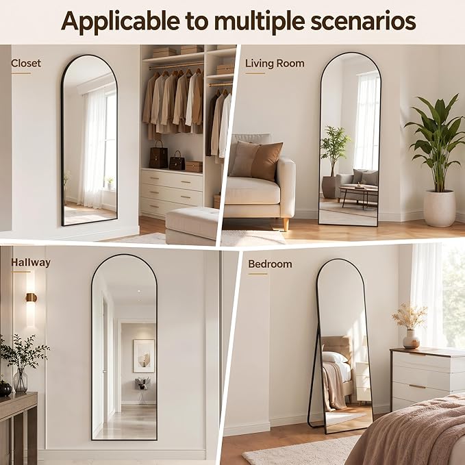 Antok Full Length Mirror, 58"x18" Floor Mirror with Stand, Hanging Mounted Mirrors for Bedroom, Living Room, Cloakroom, Dining Room, Black, Arched