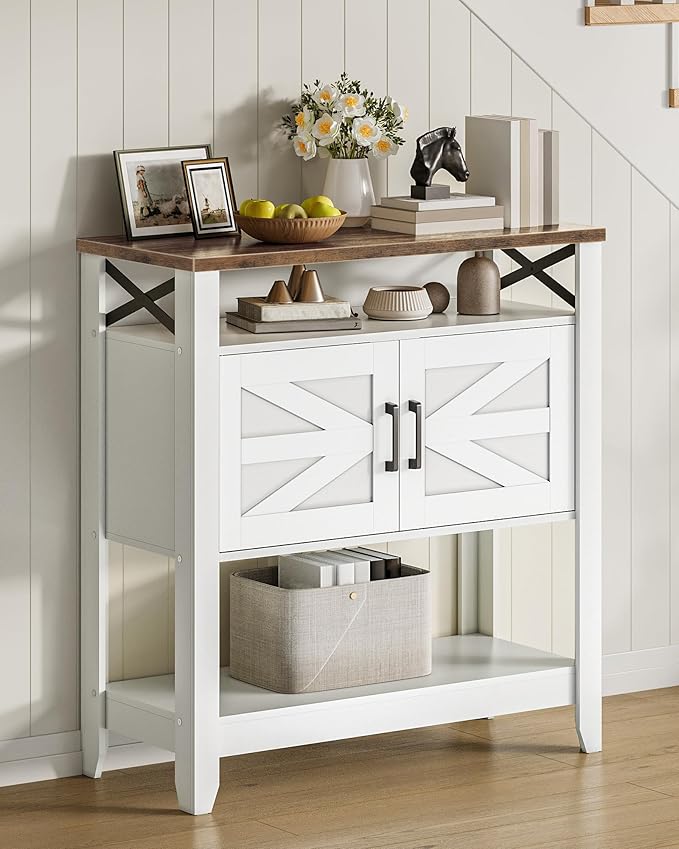 CHOEZON Console Table, Farmhouse Sofa Table with Power Outlet, Coffee Bar Cabinet with Storage, Entryway Table, Coffee Bar Table, for Entrance, Hallway, Kitchen, White and Walnut MXG01UWL