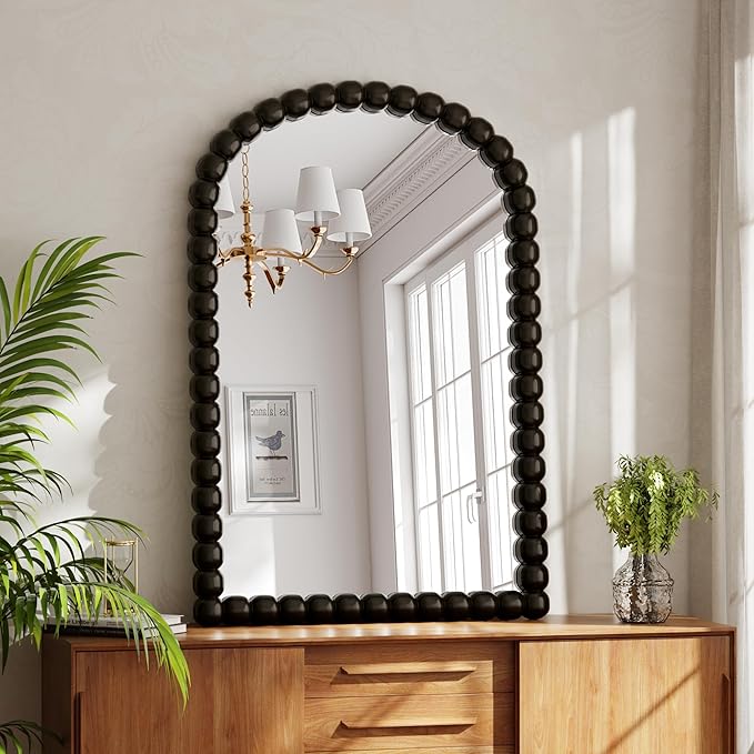 24"×36" Bronze Arched Bathroom Vanity Mirror, Vintage Beaded Decorative Wall Mounted Makeup Mirror, as Wall Decor Hanging Leaning for Fireplace Mantle, Living Room, Bedroom, Vanity Area