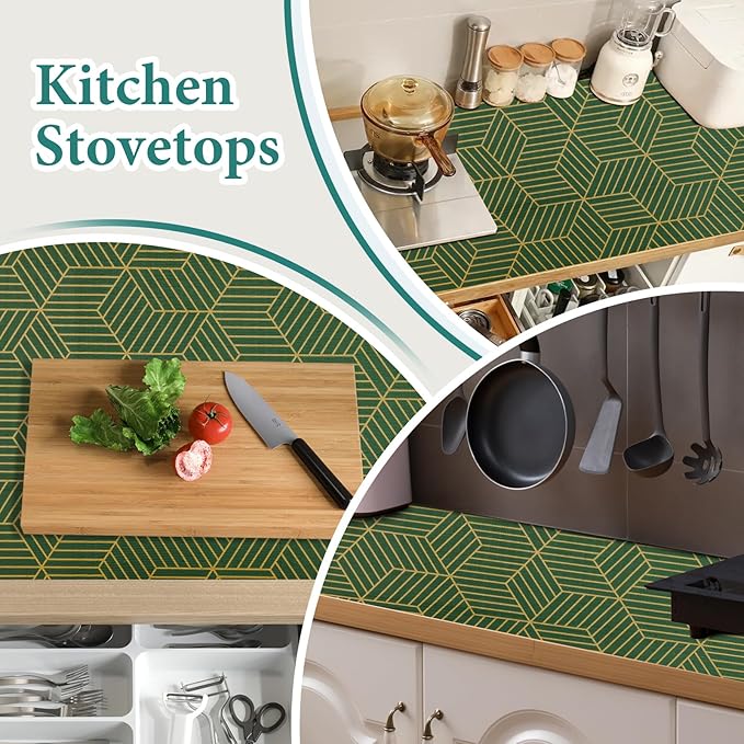 Shelf Liners for Kitchen Cabinets 12in x 30FT, Non Adhesive Cabinet Liner Strong Non-Slip Thickened Gold Green Geometric Drawer Liner, Easy to Clean for Shelf, Cabinet with Knife and Tape Measure
