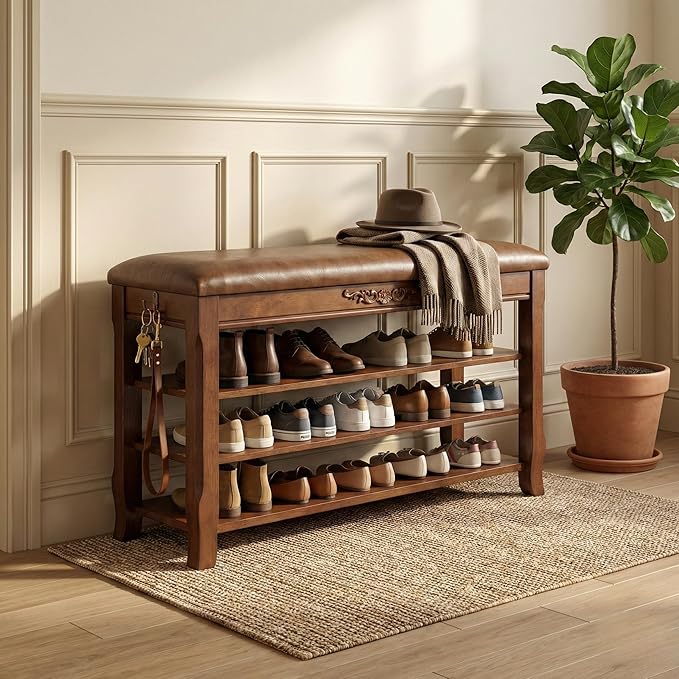 Shoe Rack Bench Entryway Storage with Leather Cushion, Shoe Organizer Bench for Entryway, Front Doors Entrances Hallway,Mudroom,Closet, Bedroom,Solidwood 3 Height-Adjustable Removable Shelve,39.4"
