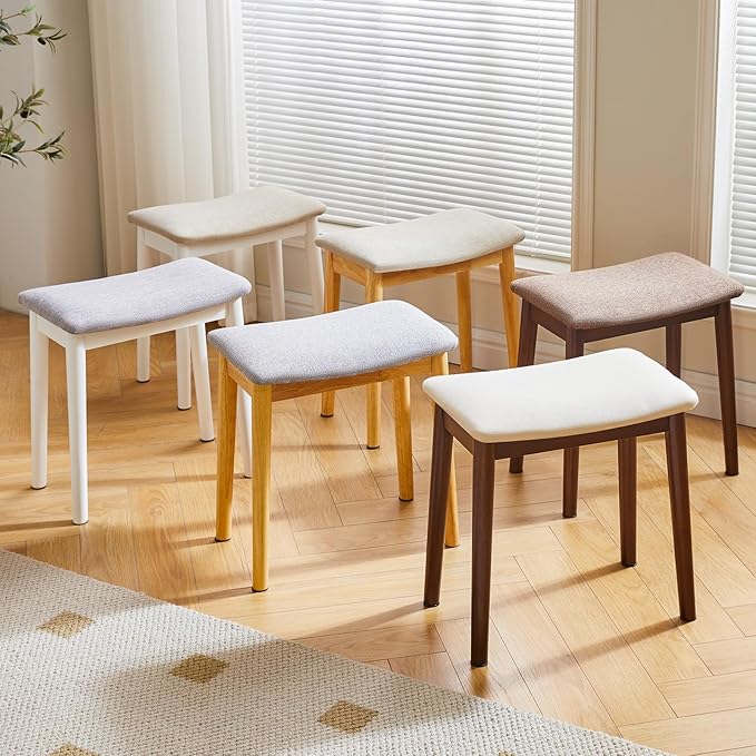 IBUYKE Vanity Stool with Saddle Cushion,Modern Foot Stool Ottoman Piano Bench,Foot Rest Stool with Solid Wood Legs, Small Upholstered Bench for Bedroom, Entryway,Beige,WBD007HM