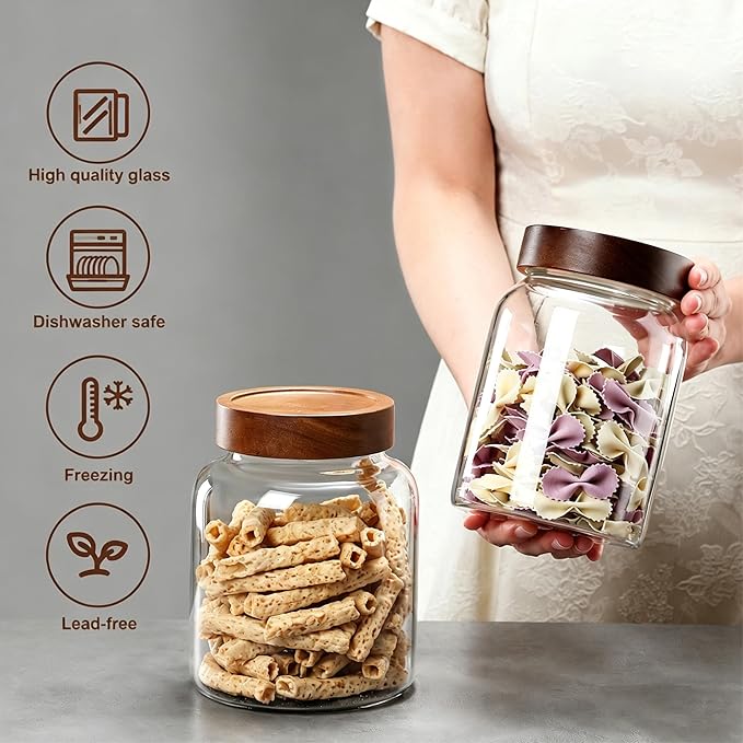 62 Fl oz/1850 ml Large Glass Jar with Wooden Screw On Lid, Half Gallon Wide Mouth Clear Airtight Container, Big Food Kitchen Storage Canister for Bean,Cereal,Treat,Pickle,Flour,Rice,Cookie
