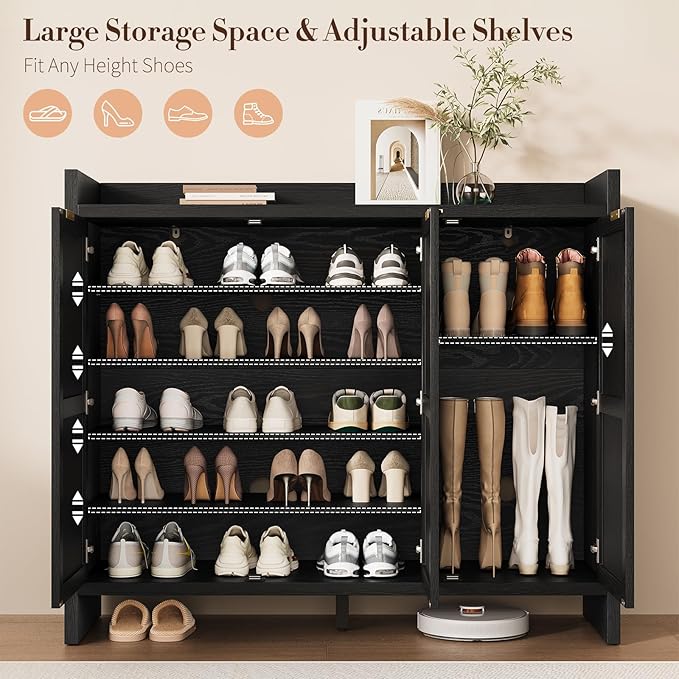 Shoe Cabinet Storage for Entryway - Rattan Accent Cabinet with 3 Doors & Adjustable Shelves, 6-Tier Large Wood Shoes Cabinets with Organizer Rack for Entry Way, Hallway, Living Room, Black