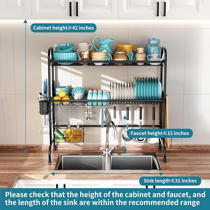 HOWDIA 3-Tier Over The Sink Dish Drying Rack,Stainless Steel Dish Rack with Cutlery Holder & Chopping Board Rack, 33.9” x 11.4” x 32.3” for Maximum Kitchen Storage（Black）