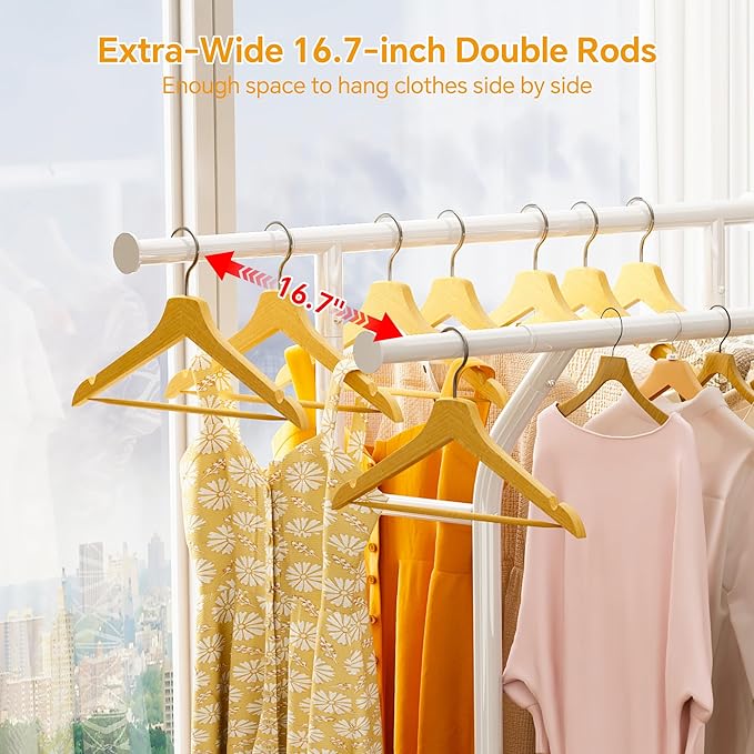 Homeiju Heavy Duty Clothes Rack Load 500LBS, Three Rods Clothing Racks for Hanging Clothes Extendable, Rolling Garment Rack with Sturdy Wheels, Basket, Storage Shelves, White