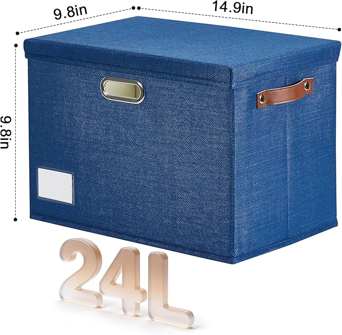 15" Large Collapsible Storage Bins with Lids, Stackable Closet Organizers with PU Handle and Labels, 3-Pack Decorative Fabric Storage Boxes for Home, Bedroom, Closet, Office, Nursery(Navy)