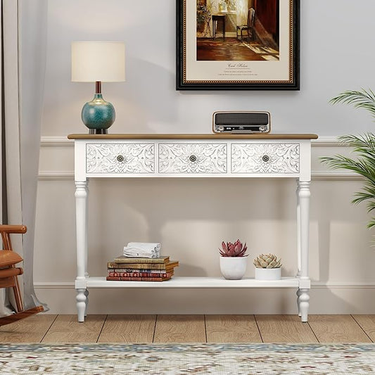 3More Entryway Console Table with 3 Drawers,42" Carved Hallway Table with Open Shelf,Long Sofa Table for Living Room, Hallway, Behind Couch,White