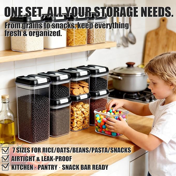 5-Piece Airtight Food Storage Containers Set with Lids, BPA-Free Plastic Kitchen & Pantry Organization Canisters for Cereal, Pasta, Snacks, Flour, Sugar & Dry Foods