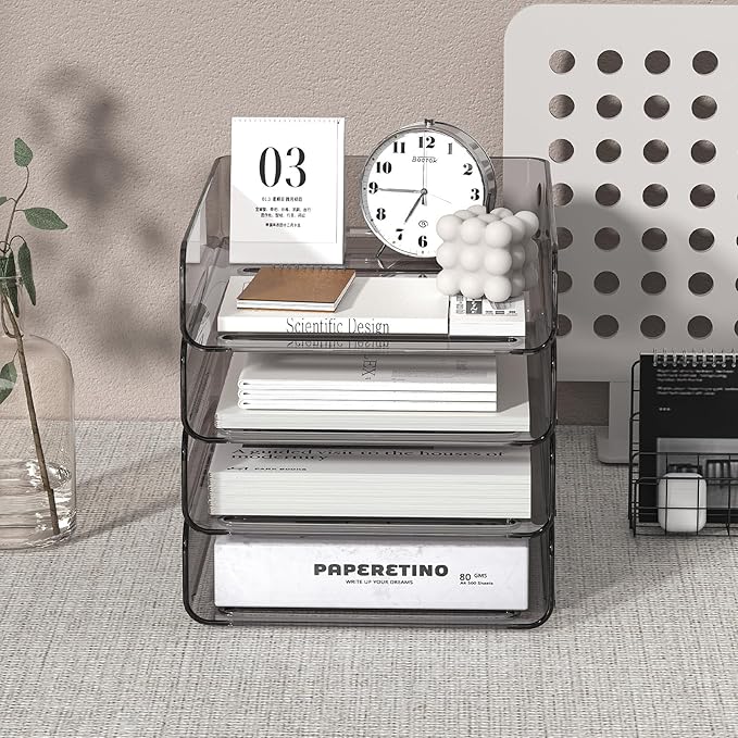 FANXIYQ 4-Tier Acrylic Paper Tray Organizer | Clear Stackable Desk Organizer for Documents, Letters, A4 Paper | Modern Office/Classroom/Home Organization,Brown