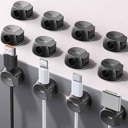 12Pack Cord Organizer [Dual Spring & Clasp, Max Secure] Cable Clips - Chfeila Cord Holder, Desk Cable Management, Adhesive Phone Charging Wire Holder for Nightstand/Car/Wall, Office Accessory - Black