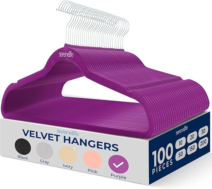 SereneLife 100 Pack Premium Velvet Hangers, Ultra Thin Non Slip Adult Felt Space Saving Hangers, for Closet Heavy Duty Coat, Pants, Jackets, Dress Hangers, 360° Swivel Hook Hold Upto 10 lbs (Purple)