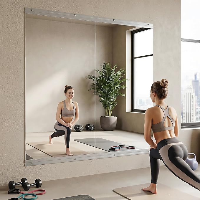 Home Gym Mirror, 48" x 25"-3PCS, Large Full Length Mirror Wall Mounted for Yoga, Frameless Tempered Glass for Home Gym, Dance Studio, Living Room, Bathroom