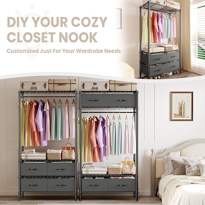 35-Inch Freestanding Garment Rack with Adjustable Shelves and Four Fabric Drawers, Heavy Duty Clothing Organizer for Bedroom, Closet, or Dorm, Black
