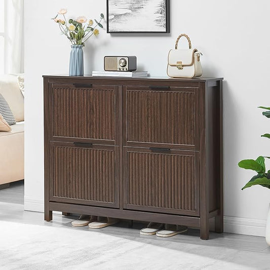 4 Flip Drawers Shoe Cabinet Storage for Entryway, Narrow Hidden Shoes Cabinet Organizer Front Door Entrance Thin Free Standing Front Door Shoe Rack Storage for Entryway(Brown)