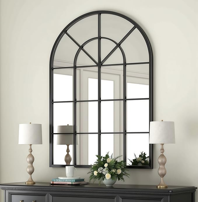 Arch Wall Mirror Mounted Decorative, 30"x42", Arched Window Pane Mirror for Wall-Mounted for Entryway, Bathroom Vanity, Living Room or Bedroom, Iron Frame, Black