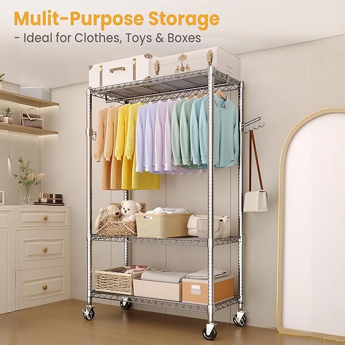 IDEALHOUSE Homdox Heavy Duty Rolling Clothing Rack, Adjustable Garment Rack with 3-Tier Storage Shelves, Freestanding Closet Organizer for Hanging Clothes, Metal Wardrobe Rack with Side Hooks, Silver