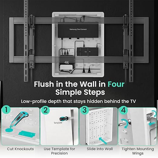 ynVISION.DESIGN 17" Recessed in-Wall Media Box for TV – Flush Wall AV Enclosure with Adjustable Shelf, Cable Straps & Vented Cover – Compatible with Apple TV, Roku & More - Pack of 4