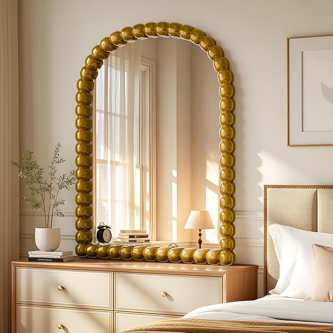 30"×38" Gold Arched Bathroom Vanity Mirror, Vintage Beaded Decorative Wall Mounted Makeup Mirror, as Wall Decor Hanging Leaning for Fireplace Mantle, Living Room, Bedroom, Vanity Area