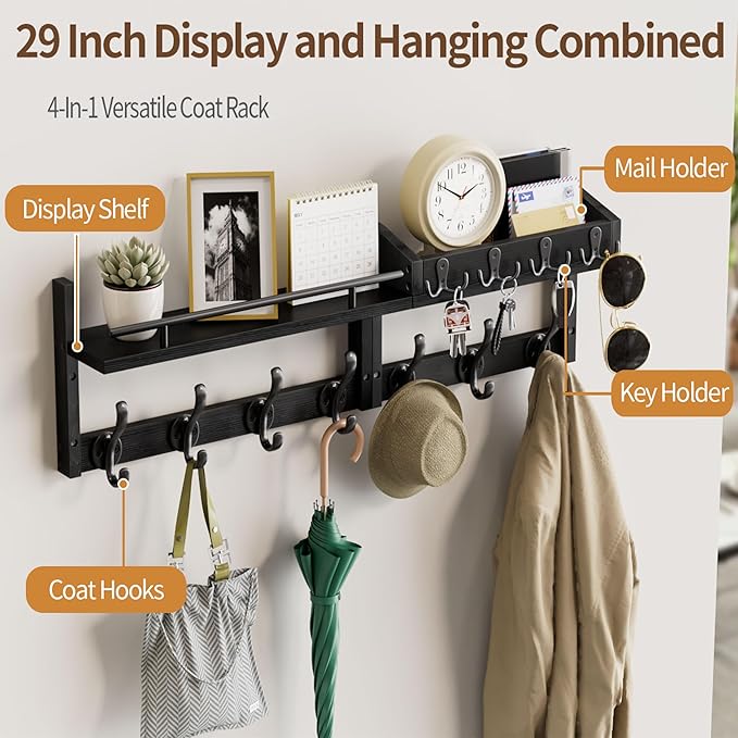 29 inch Coat Rack Wall Mount with Shelf, Heavy Duty Coat Hooks Wall Mount, Entryway Coat Hanger Wall Shelf with Key Holders and Mail Organizer for Living Room, Bedroom, Bathroom, Black