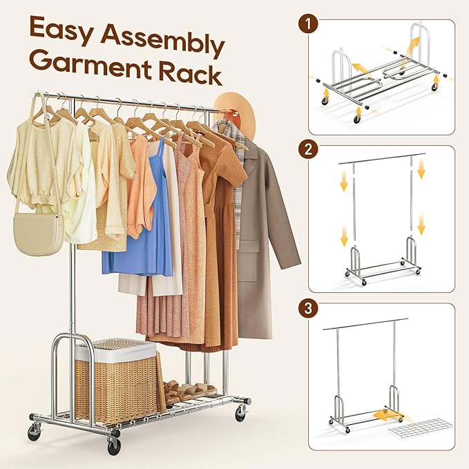 TigerParty Heavy Duty Clothes Rack,Load 600 LBS,Metal Garment Rack,Standing Rolling,Clothing Rack for Hanging Clothes,Portable Closet Wardrobe Rack for Bedroom Laundry Living Room