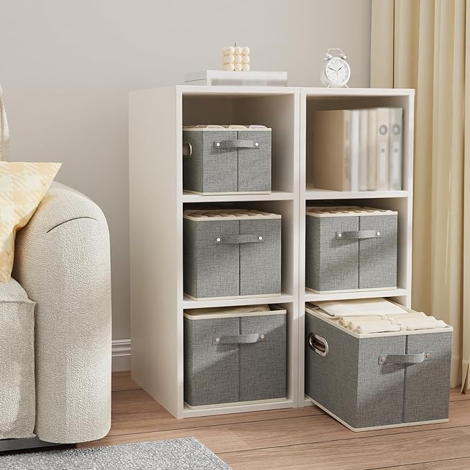 Fabric Open Storage Bins with Metal Handles, Collapsible Organizer Baskets, Foldable Cube Boxes for Shelves, Closet, Living Room, 15x9.8x9.8in, Grey, 2 Pack