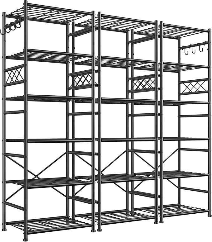 Storage Shelves-6 Tier Metal Shelving Unit with Hooks,Heavy Duty Garage Shelving with Leveling Feet,High Standing Shelf Organizer for Kitchen Pantry Bathroom Dorm,17.7”W×11.8”D ×72.2”H,Black