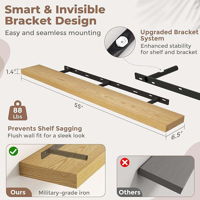 Venusmiles Floating Shelves for Wall, 55 Inch Floating Shelves Set of 1, 6.5" D Wooden Wall Mounted Display Shelves with Invisible Brackets for Living Room, Bedroom, Bathroom, Kitchen Decor, Oak