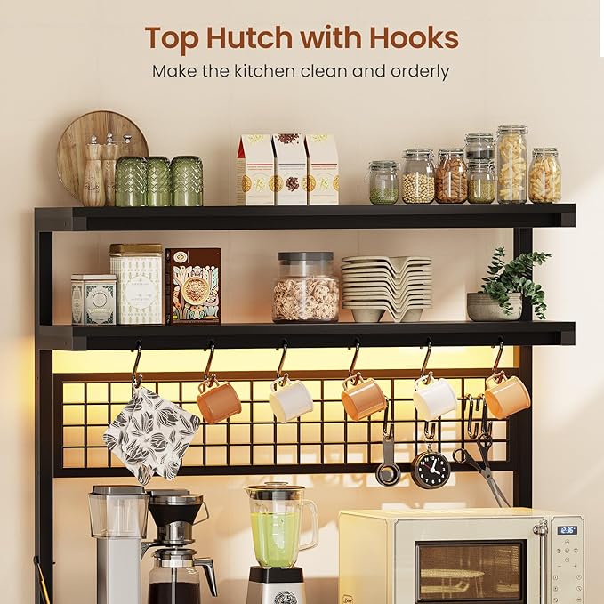 Itaar Bakers Rack with Storage and Power Outlet, 35.4 inch Coffee Bar Cabinet, Microwave Stand Kitchen Cabinet with Hutch, LED Lights, Wine Rack and Hooks (Black)
