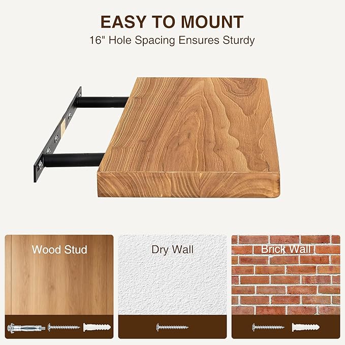 Floating Shelves 40" W x 8" D, Solid Elm Wood Shelves for Wall, 8 Inch Deep Floating Shelves, Rustic Wooden Bathroom Shelves 40" Long - for Living Room, Kitchen, Office, Set of 2, Heavy-Duty Bookshelf