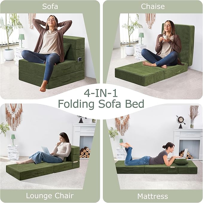 Folding Sofa Bed, 4 in 1 Convertible Sleeper Chair with Pillow, Single Memory Foam Fold Out Chair Bed, Modern Floor Futon Sofa Couch Mattress for Living Room/Guest/Apartment, Green | Convertible