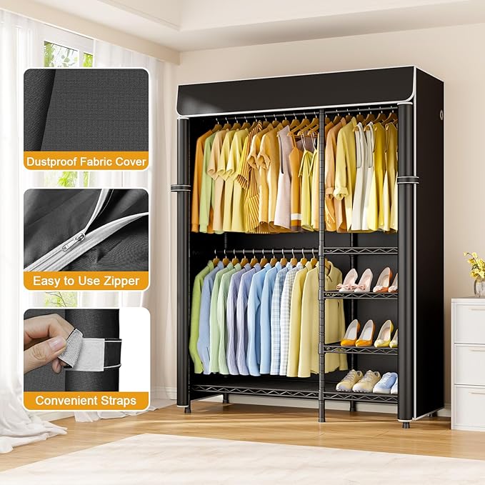 ULIFHOME F2C Clothes Rack with Cover, Clothing Racks for Hanging Clothes, Heavy Duty Garment Rack with Shelves and Hanger Rods, Black Closet with Black Cover, 47.2" W x 16.5" D x 78.3" H, Load 630lbs