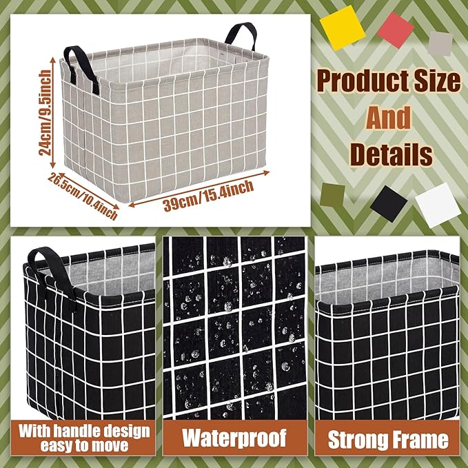 CHENGU 6 Pack Storage Basket with Handle Collapsible Canvas Bin for Gifts Plaid & Geometric Pattern Clothing Storage Bin Large Foldable Basket for Shelves, Closet, Nursery, Home Organization, 6 Colors