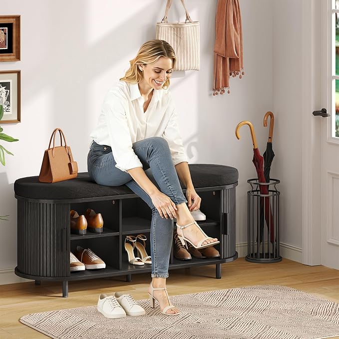 Oval Shoe Storage Bench with Padded Seat Cushion, 2-Tier Fluted Shoe Cabinet with Adjustable Shelves, Mid-Century Bench Compact for Entryway, Hallway, Closet, Front Accent, Foyer, Bedroom, Black