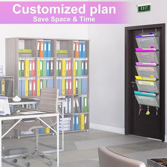 homyfort Over the Door hanging File Organizer, Weekly Hanging File Folders, Wall Organizers and Storage for Mail, Magazine, Notebooks, Office, Classroom, 5 Large Pockets, 50.39” Tall, Grey
