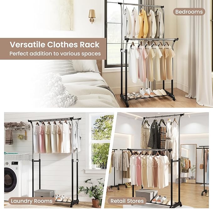Giantex Double Rod Clothing Rack, Portable Garment Clothes Rack with Adjustable Height & Wheels, Heavy-Duty Metal Rolling Wardrobe Rack for Bedroom, Laundry, Dressing Room