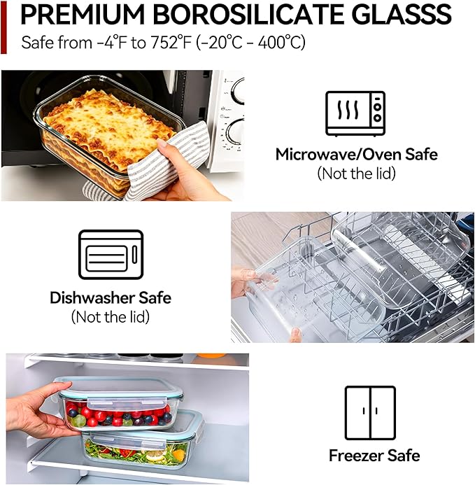 GEHE 2 Pack 52oz Large Glass Food Storage Containers with Lids, Meal Prep Container, Glass Storage Containers with Airtight Lids for Baking, Storing, Microwave/Freezer/Dishwasher Safe, BPA Free