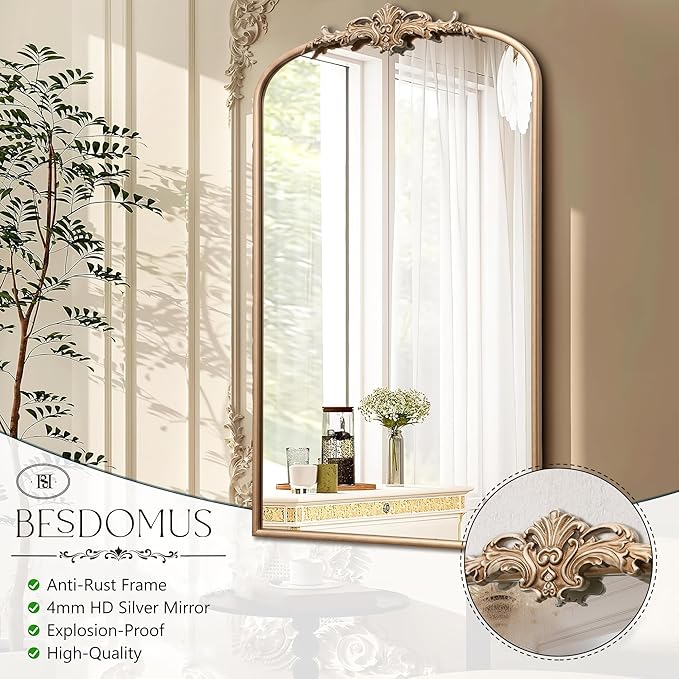 Besdomus Vintage Gold Wall Mirror: 24"x42" French Large Arch Champagne Gold Antique Wall Mounted Mirror - Traditional Ornate Home Decor for Entryway/Fireplace/Bathroom - Baroque Idea for Housewife