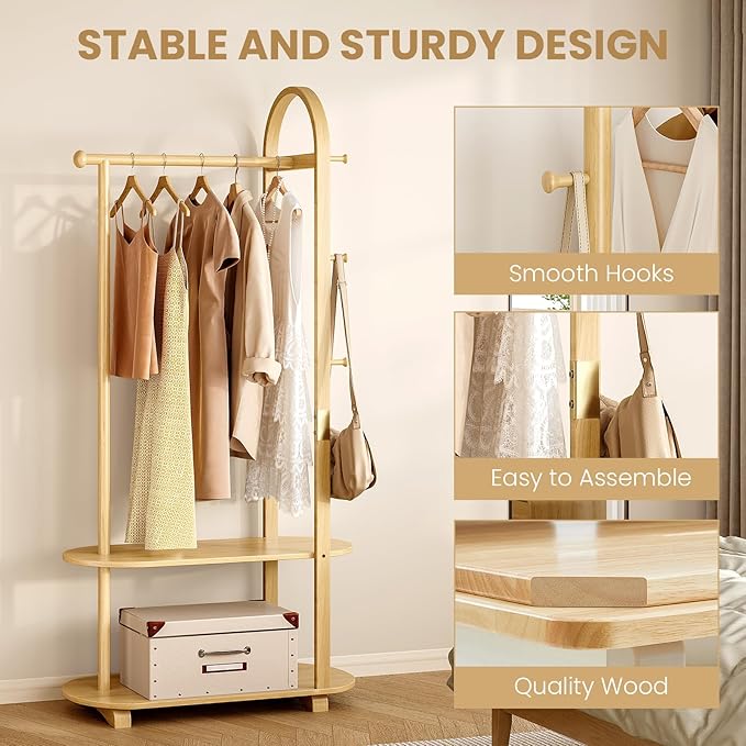 31.5" Wide 3-in-1 Freestanding Clothing Rack.Wooden Coat Rack with 2 Shelves and 6 Hooks,Solid Rubber Wood Coat Rack with Shelves for Entryway, Bedroom, Living Room, Natural