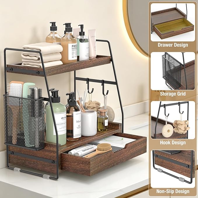 2-Tier Bathroom Counter Organizer with Drawer and Removable Basket, Wood Vanity Countertop Storage for Perfume, Makeup, Skincare, Bathroom Counter Shelf, Moisture-Resistant, Dark Brown