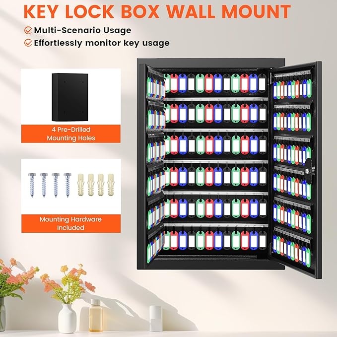 272 Keys Key Lock Box Wall Mount with 272 Numbered Hooks and 272 Colored Key Tags, Anti-Theft Key Cabinet with Key Return Drop Slot, Key Storage Box Key Organizer for Car Garage Home Office