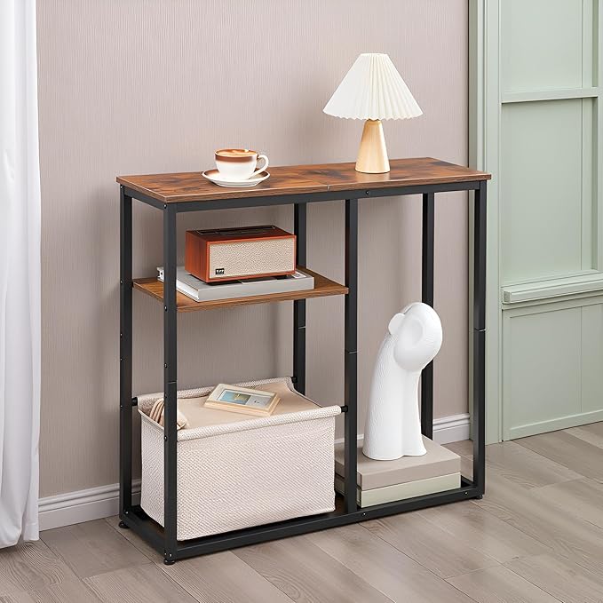 HOOBRO Narrow Console Table with Storage Basket, 29.5" Small Entryway Table with 3-Tier Storage Shelves, Behind Couch Sofa Table, Hallway Table for Living Room, Rustic Brown, Black and Beige BF60XG01