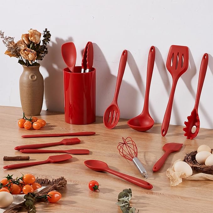 LIANYU 14 Pcs Cooking Utensils Set with Holder, Heat Resistant Silicone Kitchen Cookware Utensils Set, Kitchen Cooking Tools Includes Spatula Spoon Turner Whisk Tong, Dishwasher safe, Red