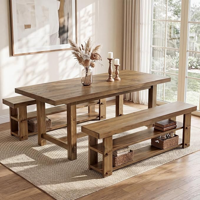Solid Wood Entryway Bench, 55'' End of Bed Bench with 2-Tier Shoe Storage Shelves, Farmhouse Shoe Bench for Entryway, Hallway, Bedroom, Mudroom, Rustic Brown